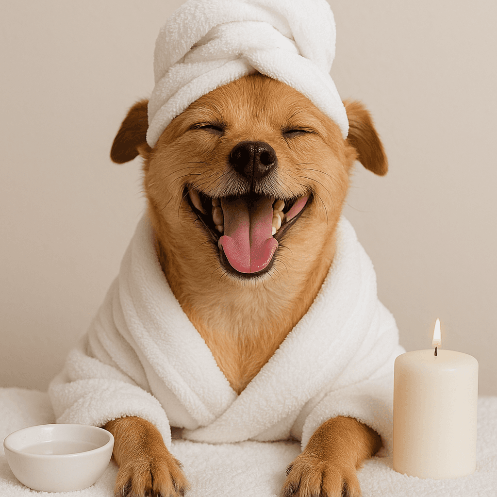 Happy dog in a spa towel enjoying after-grooming freshness