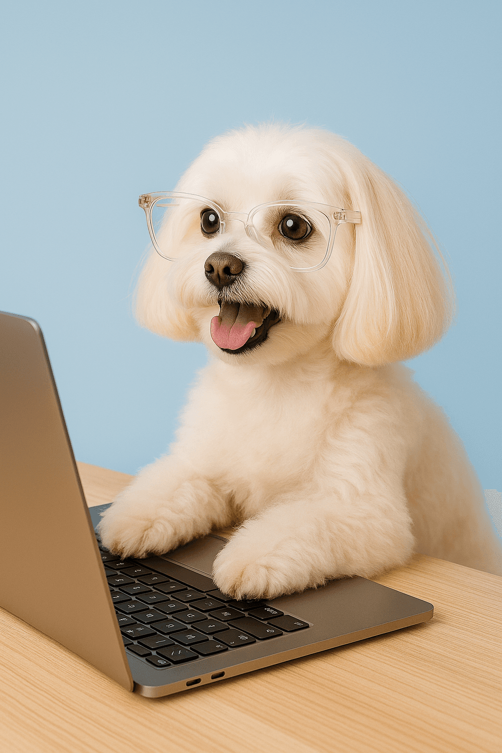 Freshly groomed dog sitting at a laptop as if booking a grooming appointment