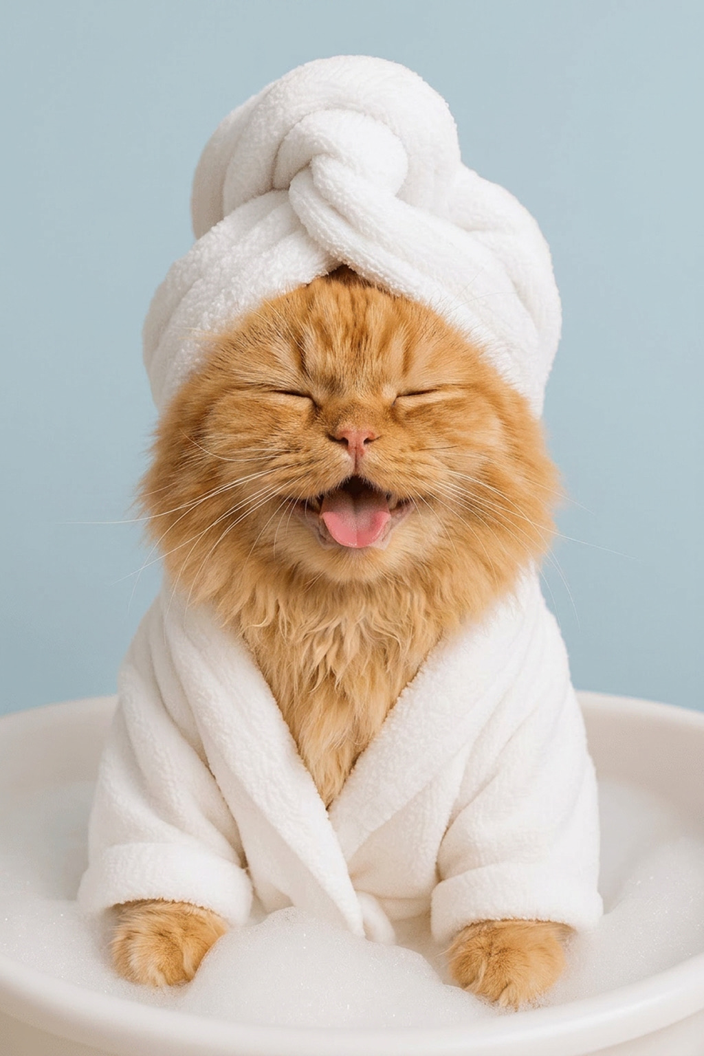 Ginger cat wrapped in a spa robe and towel at PAWSOME cat grooming