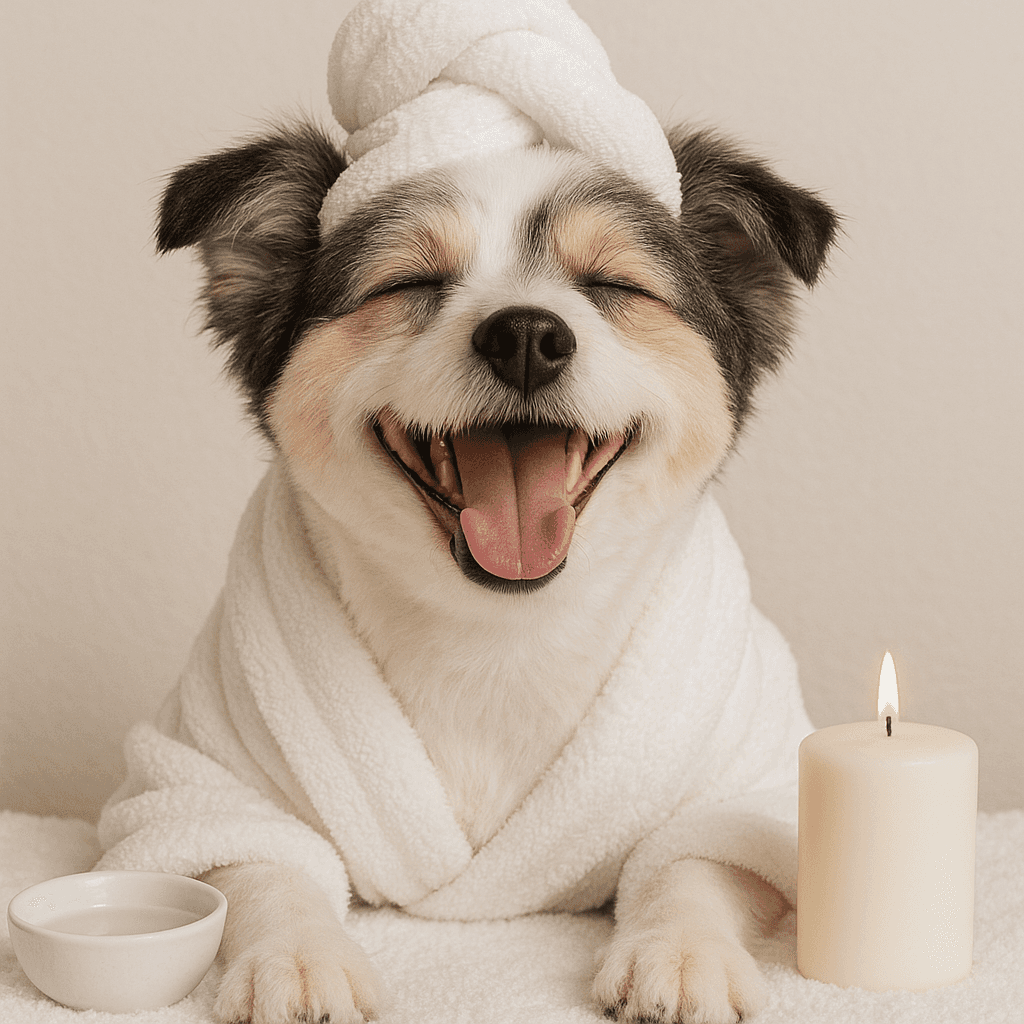 Blissful dog in a bathrobe beside a candle during a spa treatment