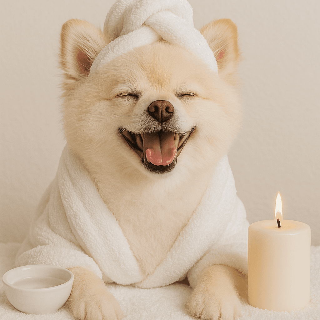 Fluffy white dog wrapped in a warm towel during a winter spa session