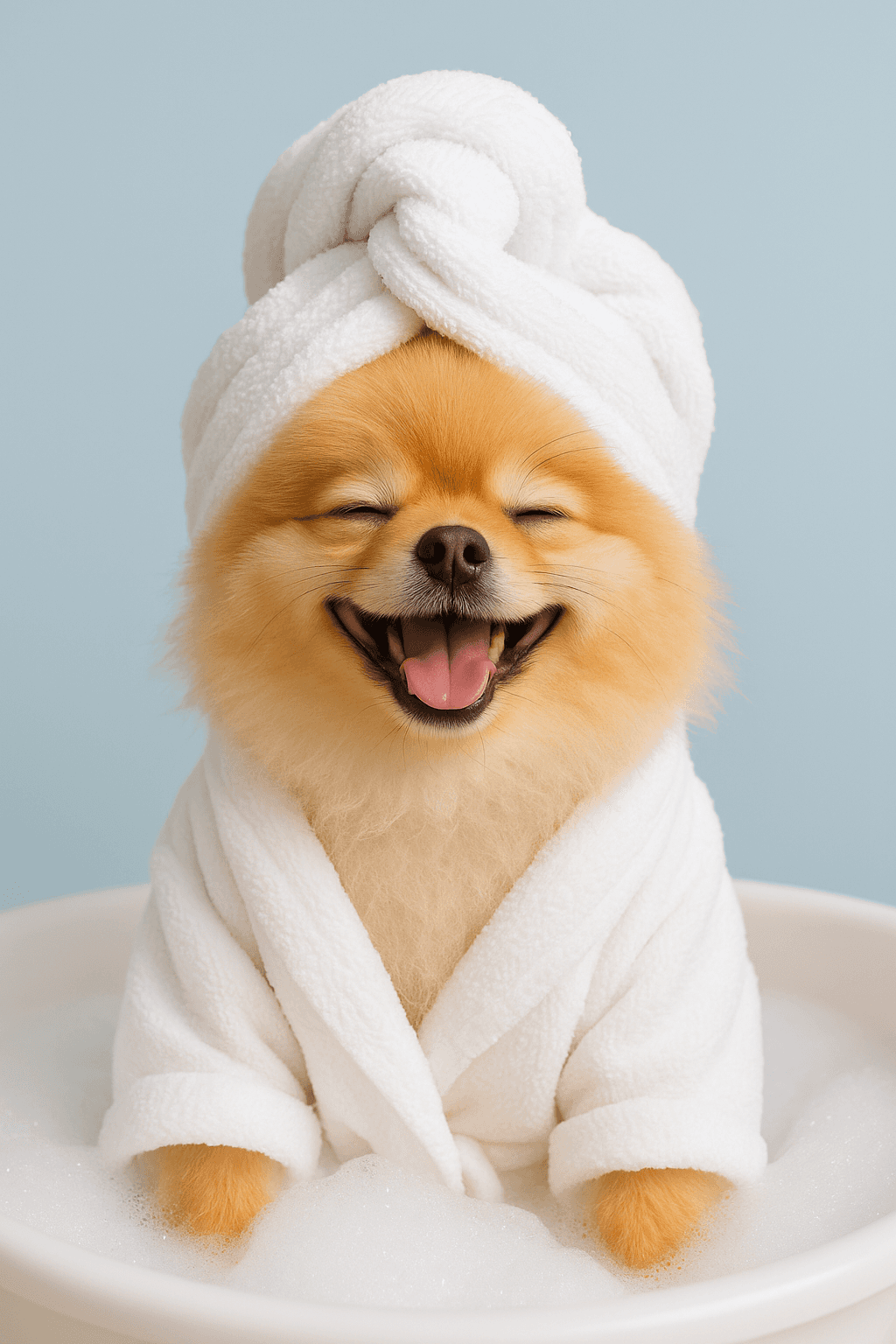 Fluffy dog wrapped in a cool towel during a summer grooming session
